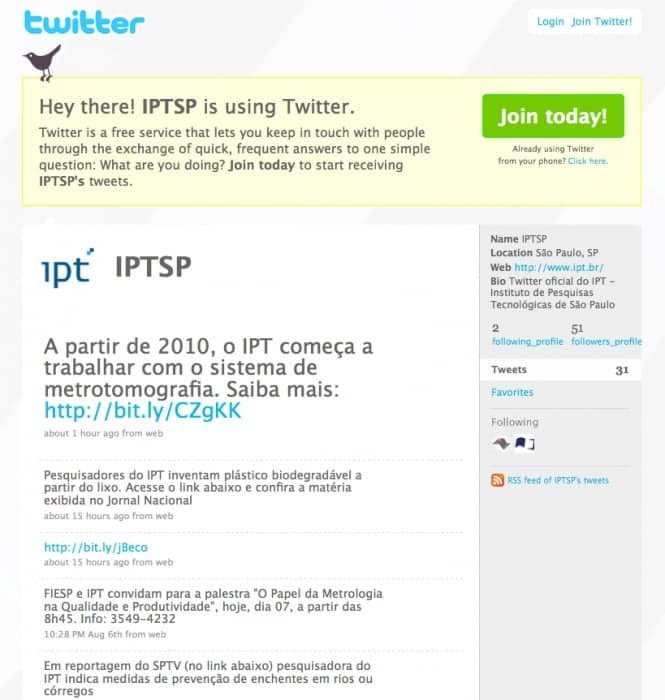 P&aacute;gina do IPT no Twitter. &Eacute; poss&iacute;vel acompanhar as not&iacute;cias e novidades do Instituto por aqui