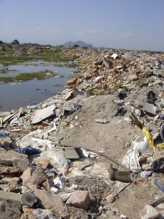 Deposição de resíduos em área de mangue